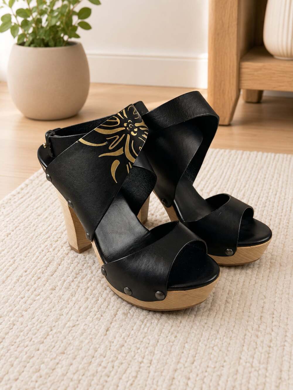 Sergio Rossi Black Leather Platform Sandals Wood Block Heel Studded 36